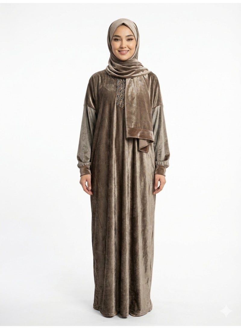 شرشف صلاة مخمل ناعم وفضفاض بصدر لامع وسحاب ذهبي أنيق - طقم صلاة مريح للنساء - بني موكا - Image 1